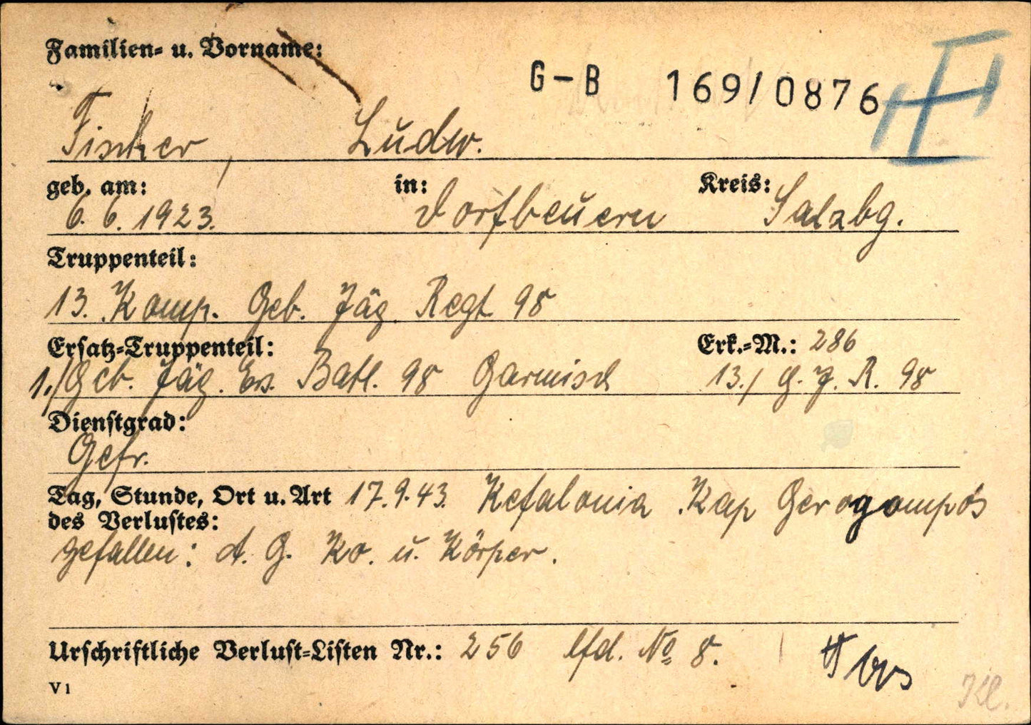 Sterbebild Gefreiter Dorfbeuren 13. Komp. Geb.-Jäger Regt. 98 Kephalonia Griechenland