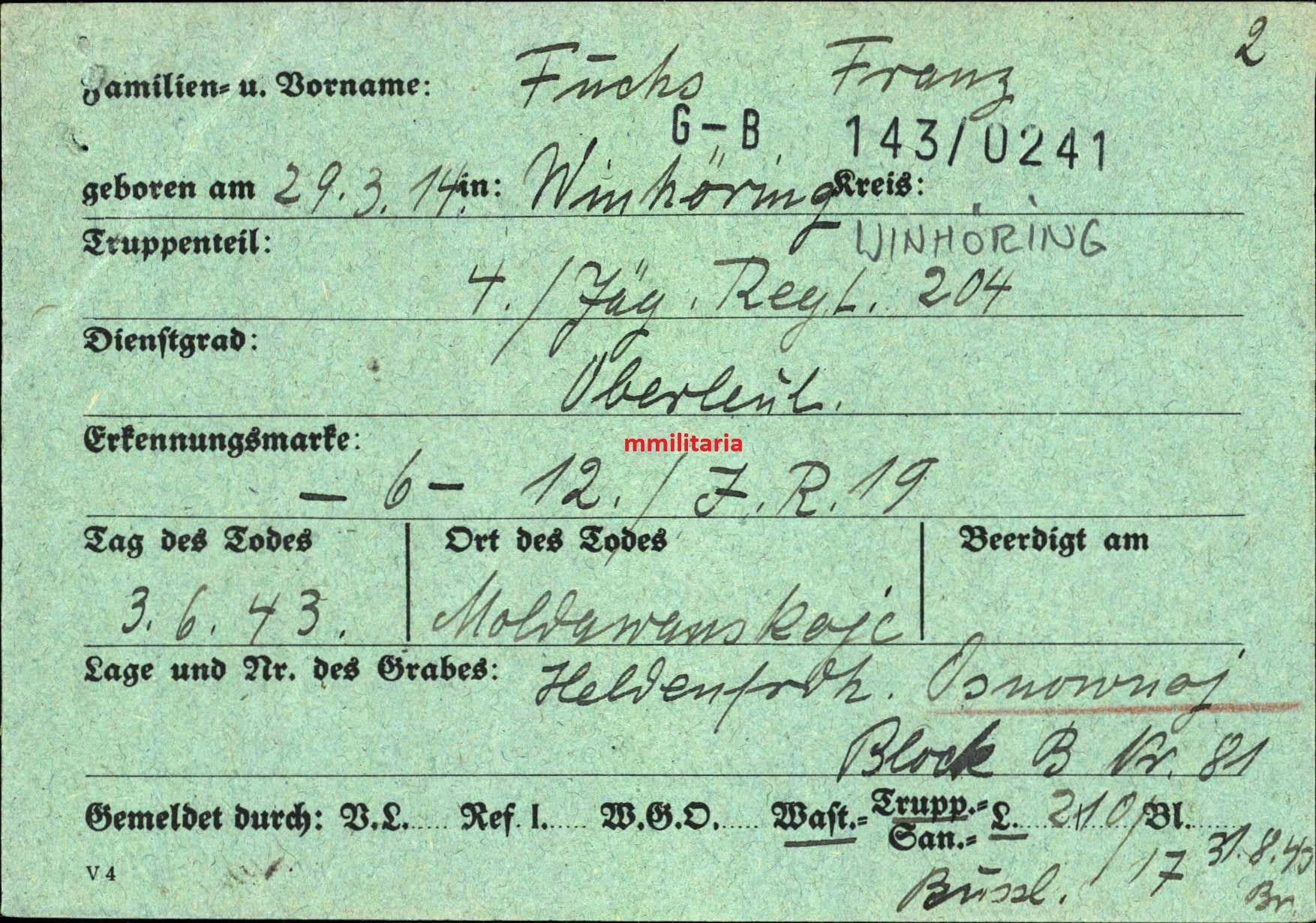 Sterbebild Hauptmann Winhöring 4. Jäger Regt. 204 KP-Chef Kuban Moldananskoje Russland - www.mmilitaria.com