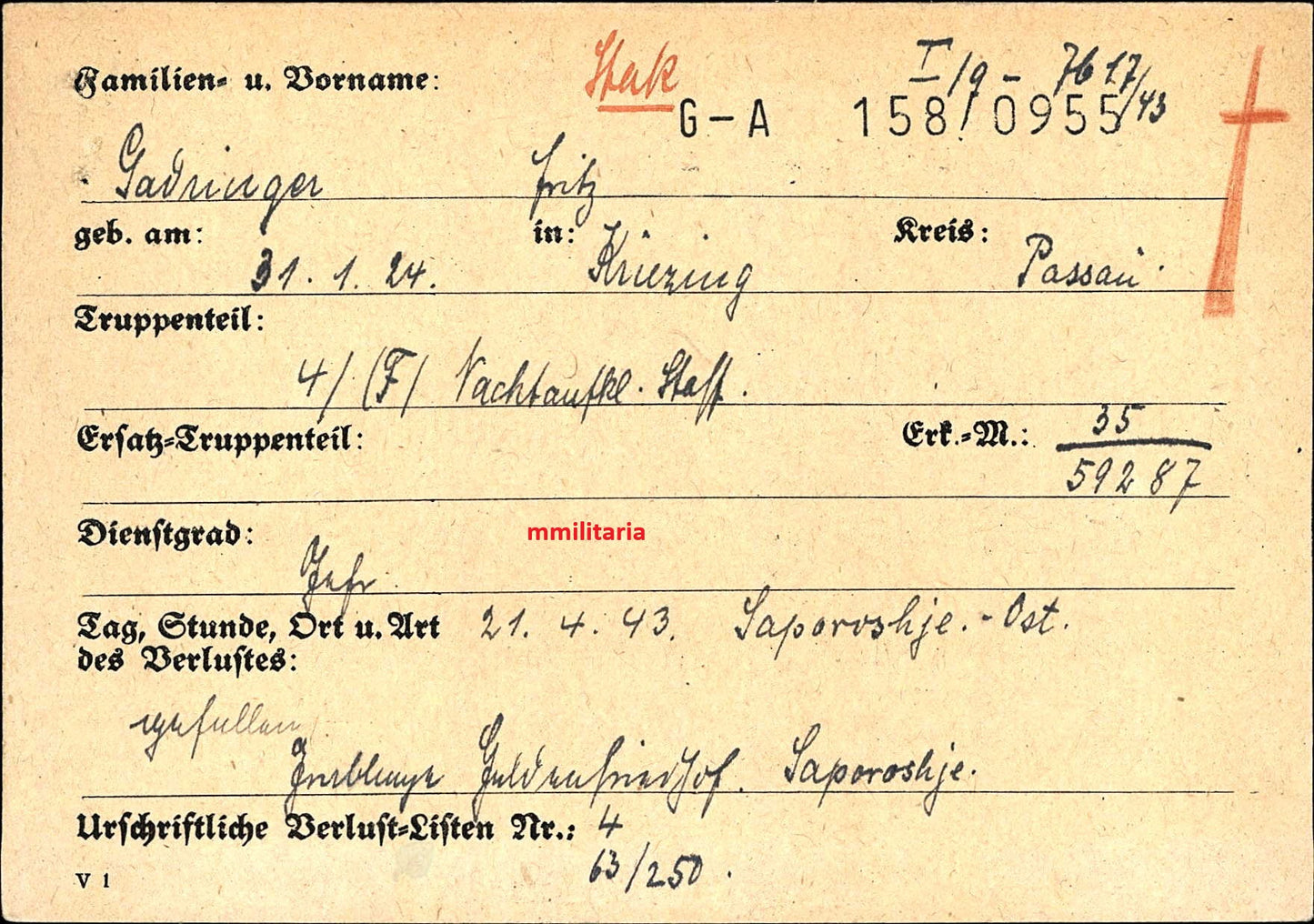 Sterbebild Gefreiter Kriezing 4/(F)-Nachtaufklärungsstaffel Saporoshje-Ost Ukraine - www.mmilitaria.com