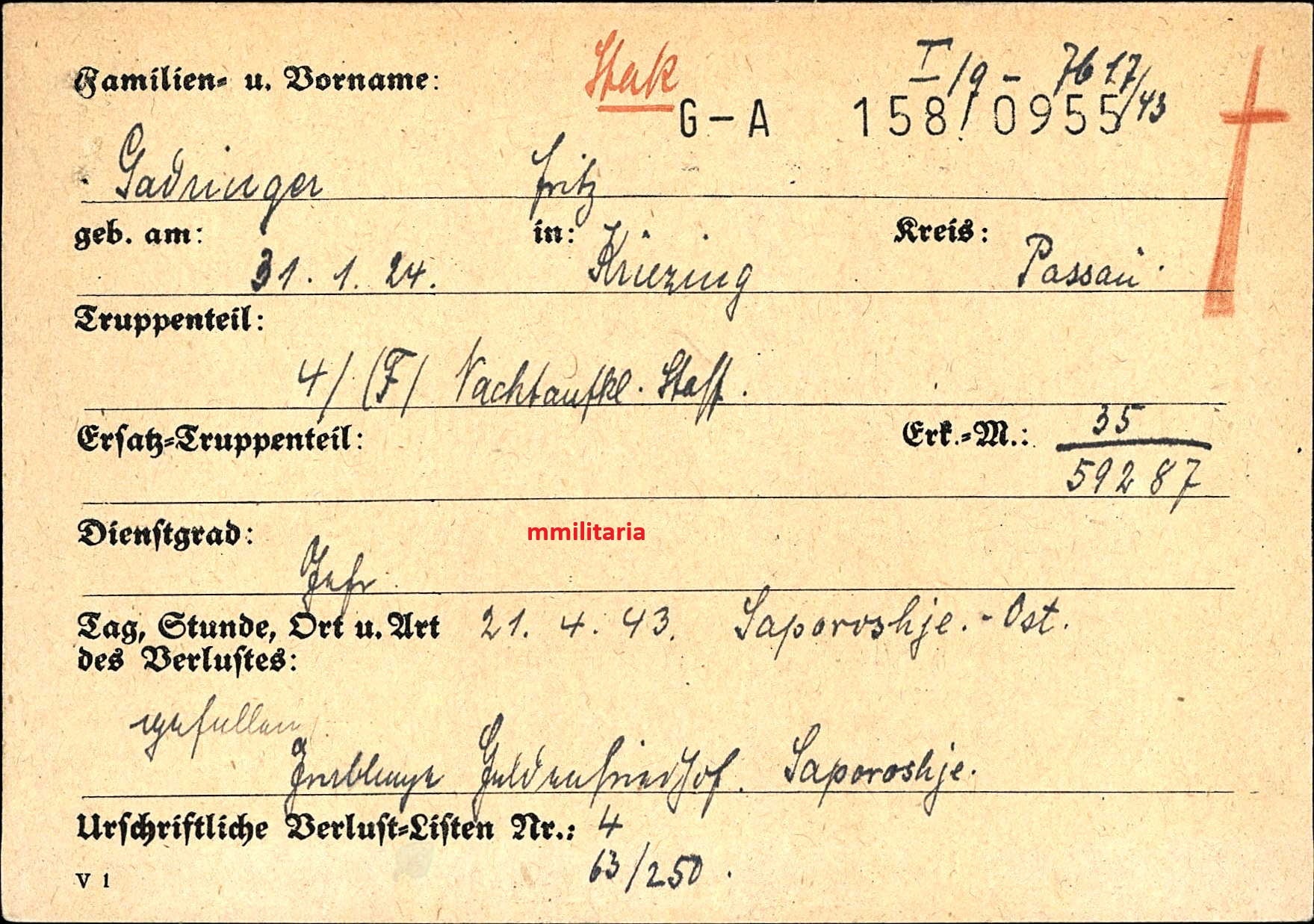 Sterbebild Gefreiter Kriezing 4/(F)-Nachtaufklärungsstaffel Saporoshje-Ost Ukraine - www.mmilitaria.com