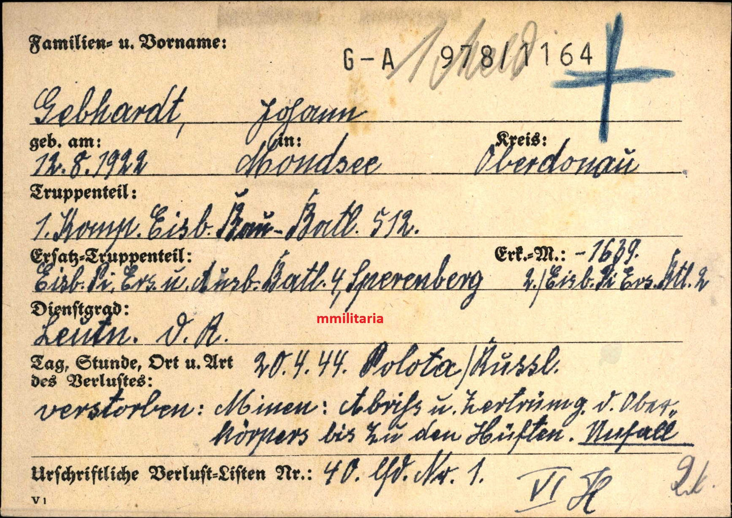 Sterbebild Leutnant Mondsee 1. Komp. Eisenbahn Bau-Btl. 512 Polota Weissrussland