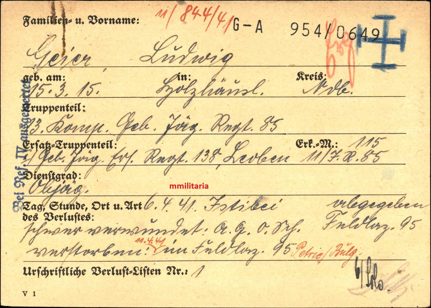 Sterbebild Unteroffizier Holzhäusl 13. Komp. Geb.-Jäger Regt. 85 Istibei Metaxas-Linie Griechenland - www.mmilitaria.com