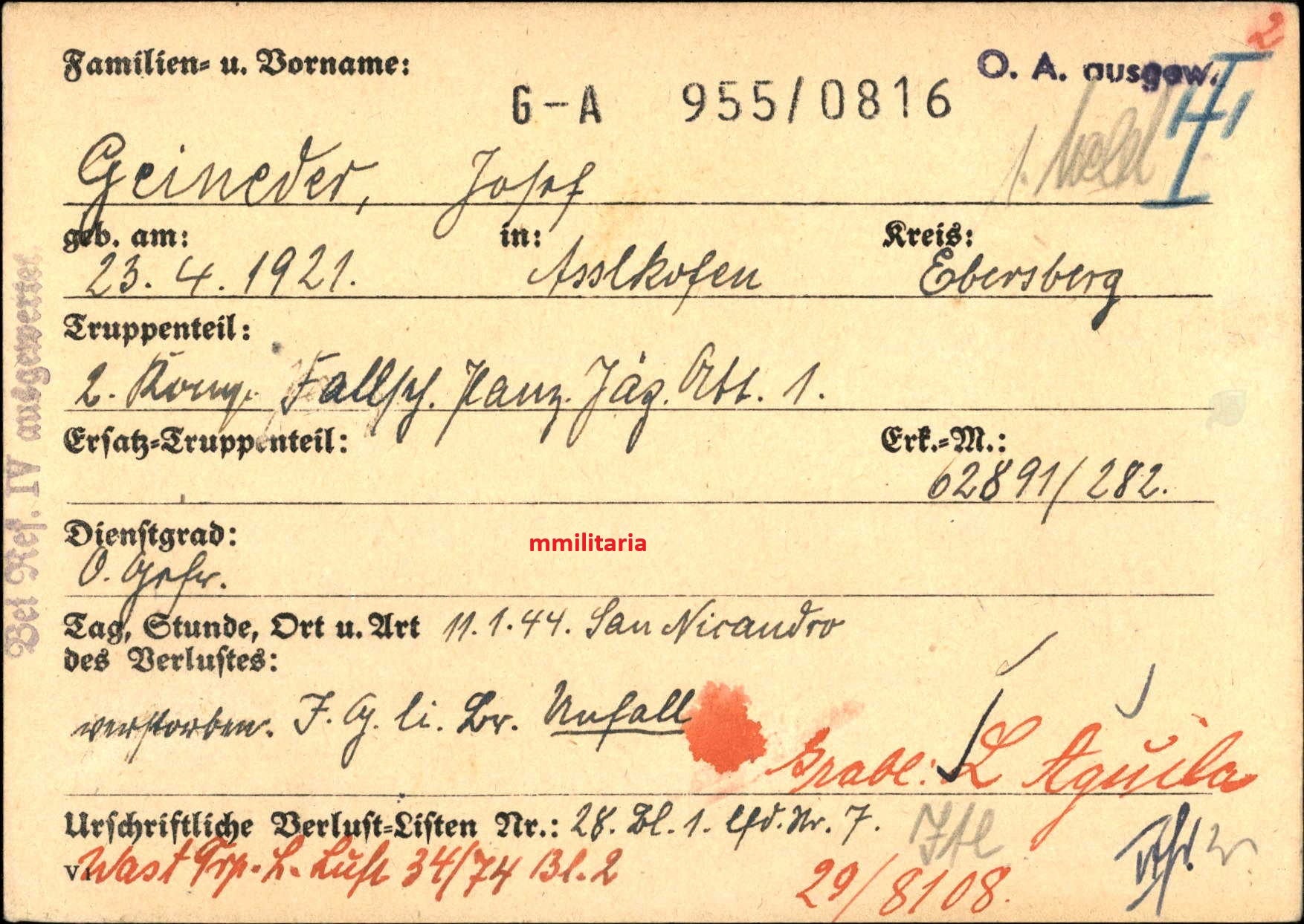 Sterbebild Obergefreiter Aßlkofen 2. Komp. Fallschirm-Panzer-Jäger Abt. 1 San Nicandro Garganico Italien - www.mmilitaria.com