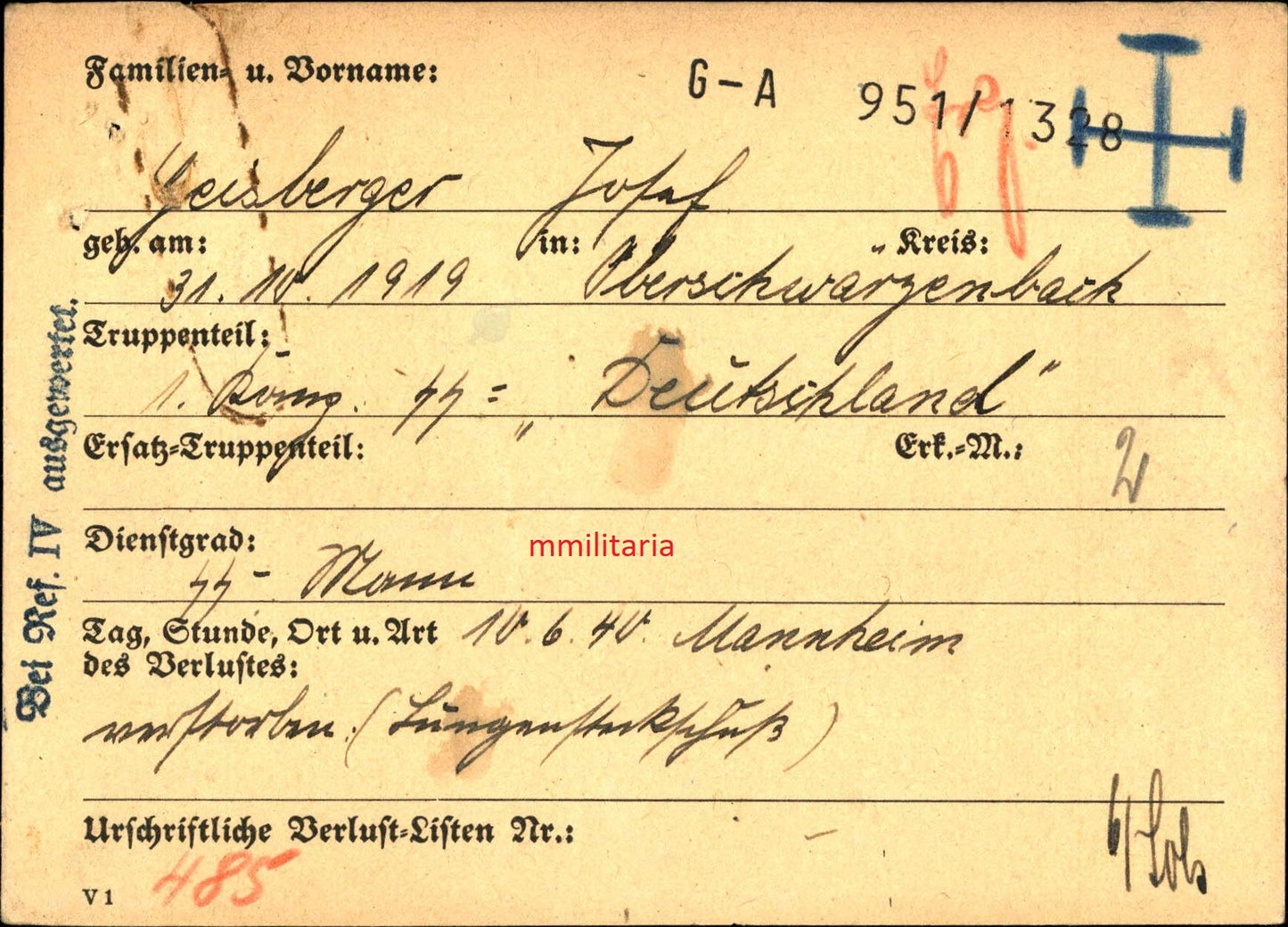 Sterbebild SS-Mann Oberschwärzenbach 1. Komp. SS Regt. "Deutschland" Westfront Lazarett Mannheim