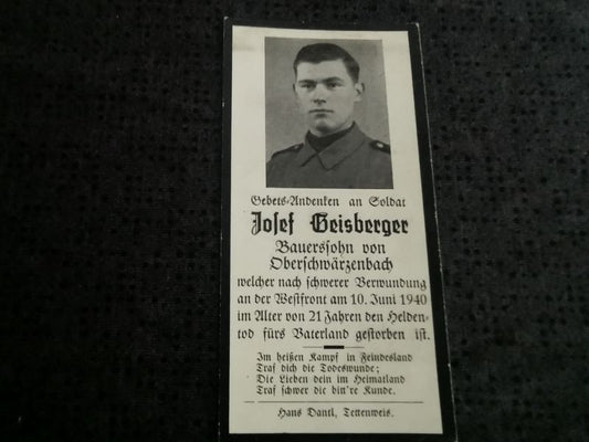 Sterbebild SS-Mann Oberschwärzenbach 1. Komp. SS Regt. "Deutschland" Westfront Lazarett Mannheim