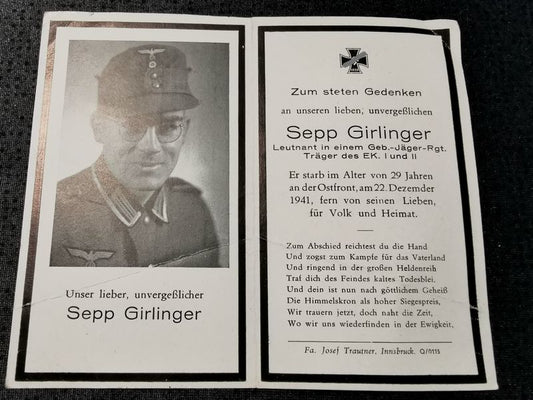 Sterbebild Leutnant Linz Gebirgs-Jäger Regt. EK I&II Ostfront