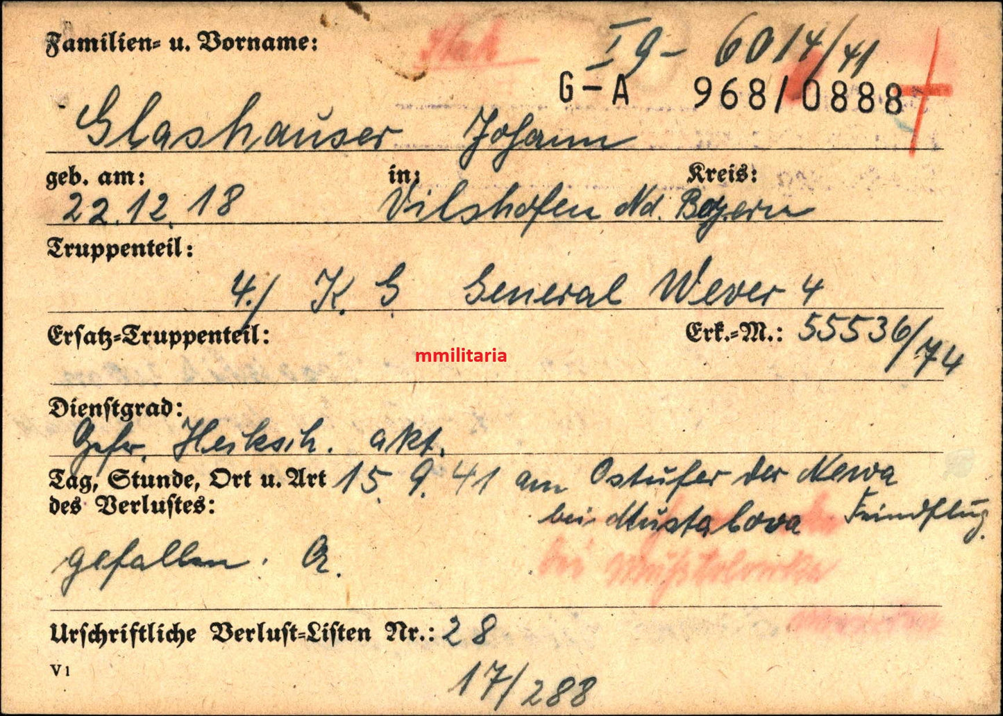 Sterbebild Gefreiter Vilshofen Bordschütze 4./KG-4 "General Wever" Ostufer der Newa Russland
