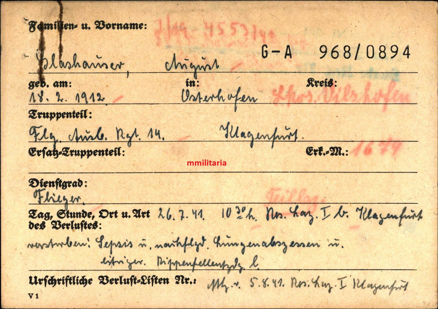 Sterbebild Flieger Osterhofen Flieger-Ausbildung Regt. 14 Klagenfurt Österreich - www.mmilitaria.com