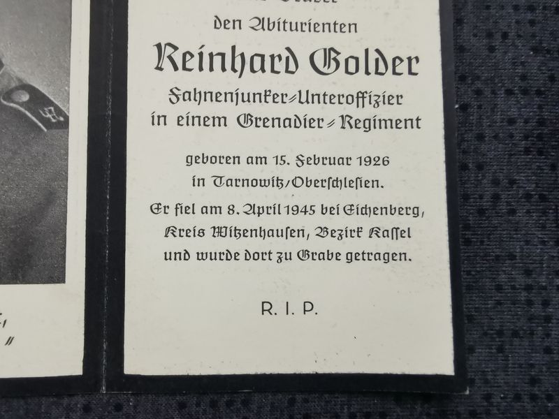 Sterbebild Fahnenjunker Unteroffizier Grenadier Regt. Endkampf Eichenberg Kassel Deutschland