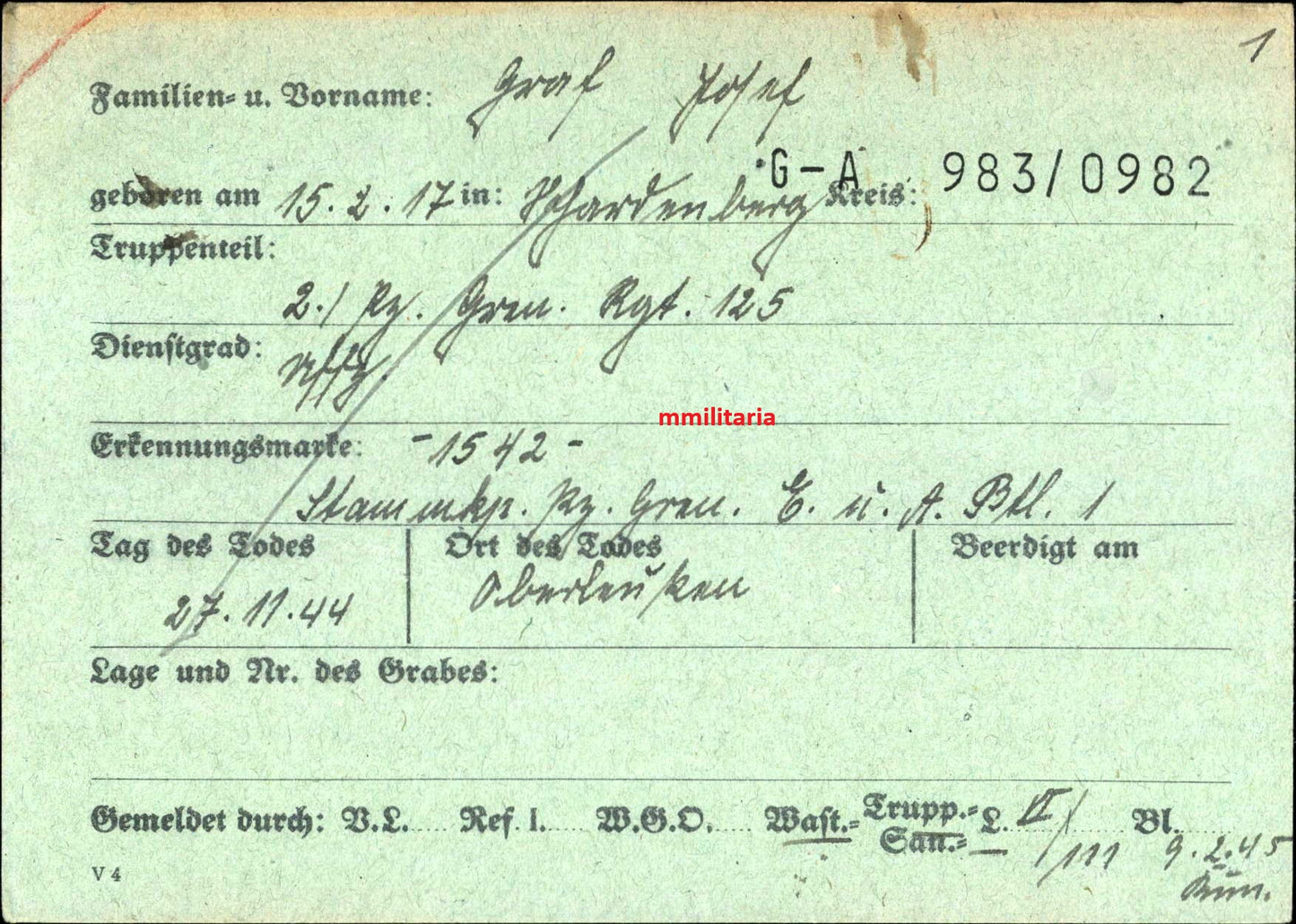 Sterbebild Unteroffizier Schardenberg Flieger und Panzerwaffe 2. Pz.-Gren. Regt. 125 Westfront Oberleuken