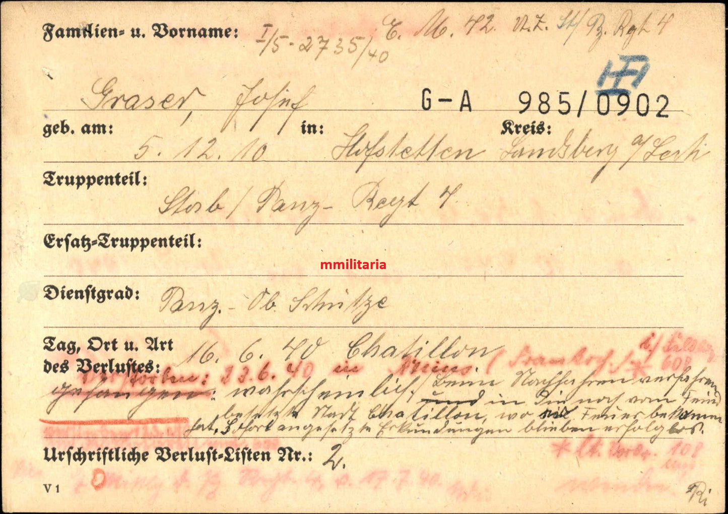 Sterbebild Oberschütze Hofstetten Stab Panzer-Regt. 7 Châtillon Reims Frankreich - www.mmilitaria.com