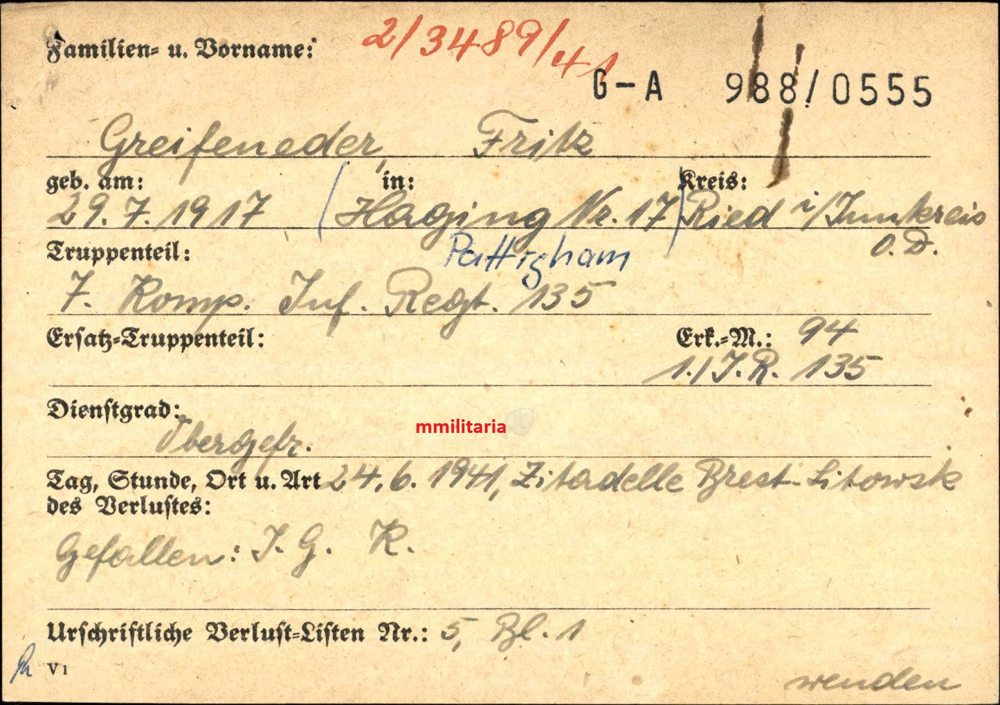 Sterbebild Obergefreiter Pattigham 7. Komp. Inf. Regt. 135 Zitadelle Brest-Litowsk Weissrussland - www.mmilitaria.com