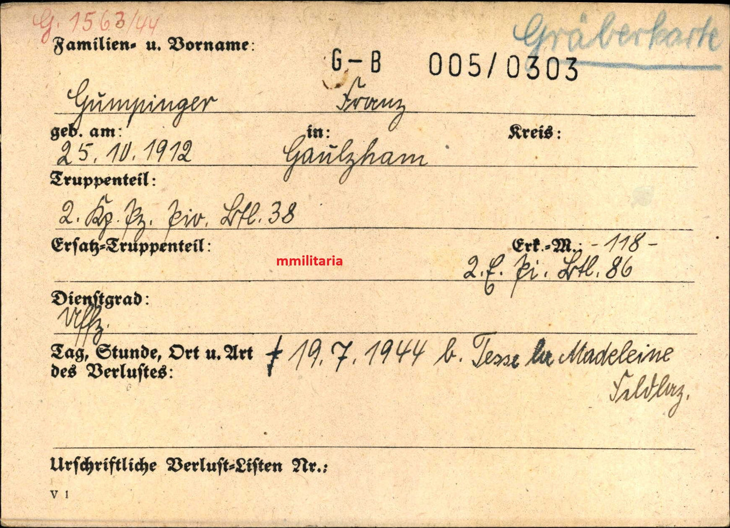 Sterbebild Unteroffizier Raab 2. Komp. Panzer-Pionier Btl. 38 NKS Tessé-la-Madeleine Normandie Frankreich - www.mmilitaria.com