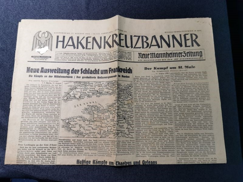 Zeitung Stadtgebiet Mannheim vom 17.08.1944 Berichte über Kämpfe in der Normandie V1 England