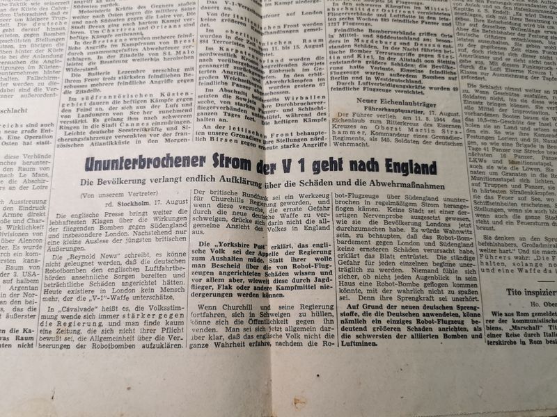 Zeitung Stadtgebiet Mannheim vom 17.08.1944 Berichte über Kämpfe in der Normandie V1 England