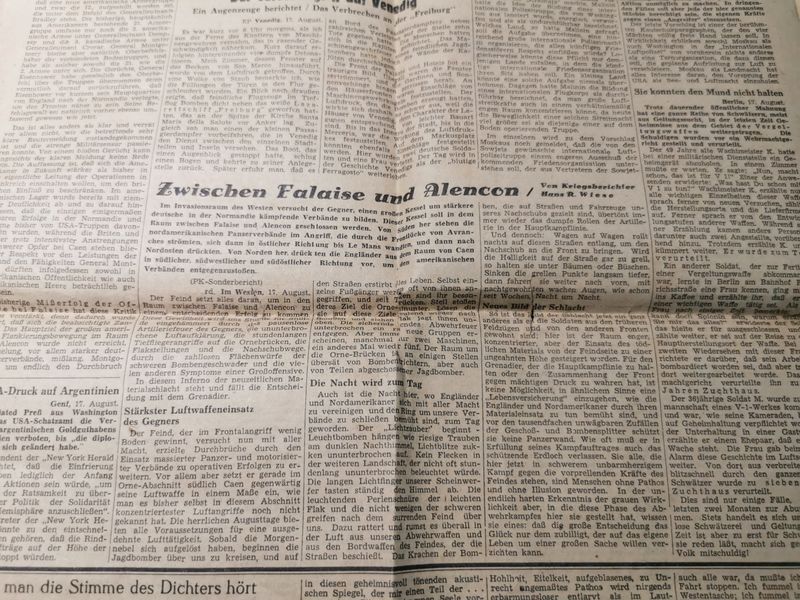 Zeitung Stadtgebiet Mannheim vom 17.08.1944 Berichte über Kämpfe in der Normandie V1 England