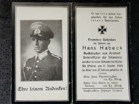 Sterbebild Unteroffizier Arnstorf 3. Komp. Inf. Regt. 20 Bielawy Polen Kriegsbeginn 1939