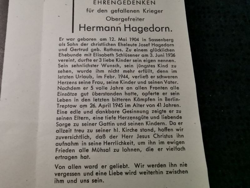 Sterbebild Obergefreiter Luftwaffe Endkampf letzte Kämpfe Berlin-Treptow