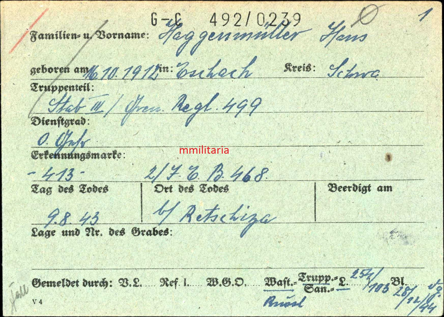 Sterbebild Obergefreiter Eschach Stab III Gren. Regt. 499 Wjasma Russland