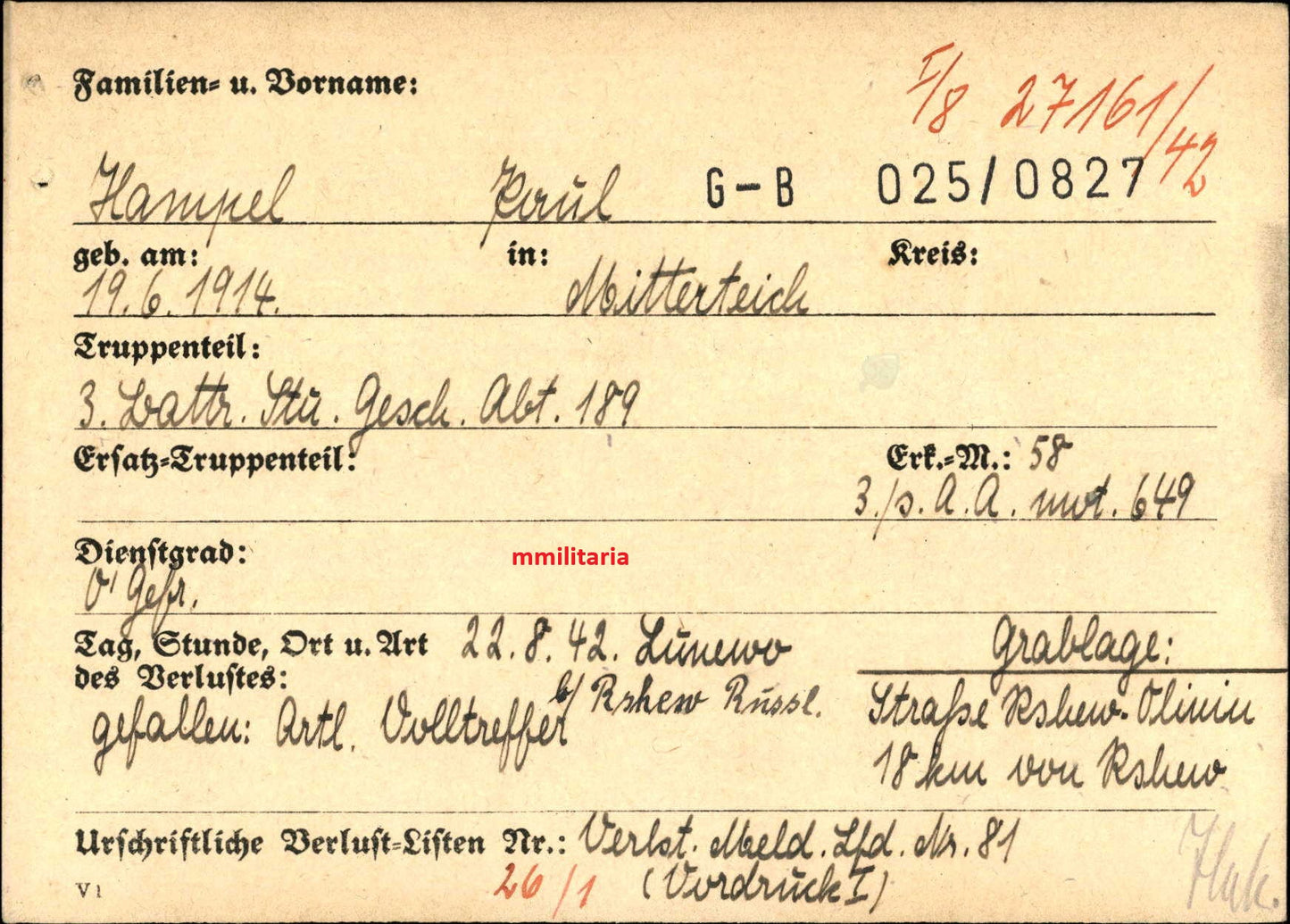 Sterbebild Obergefreiter Mitterteich 3. Batterie Sturm-Geschütz Abt. 189 Österreichmedaille Lunewo Russland