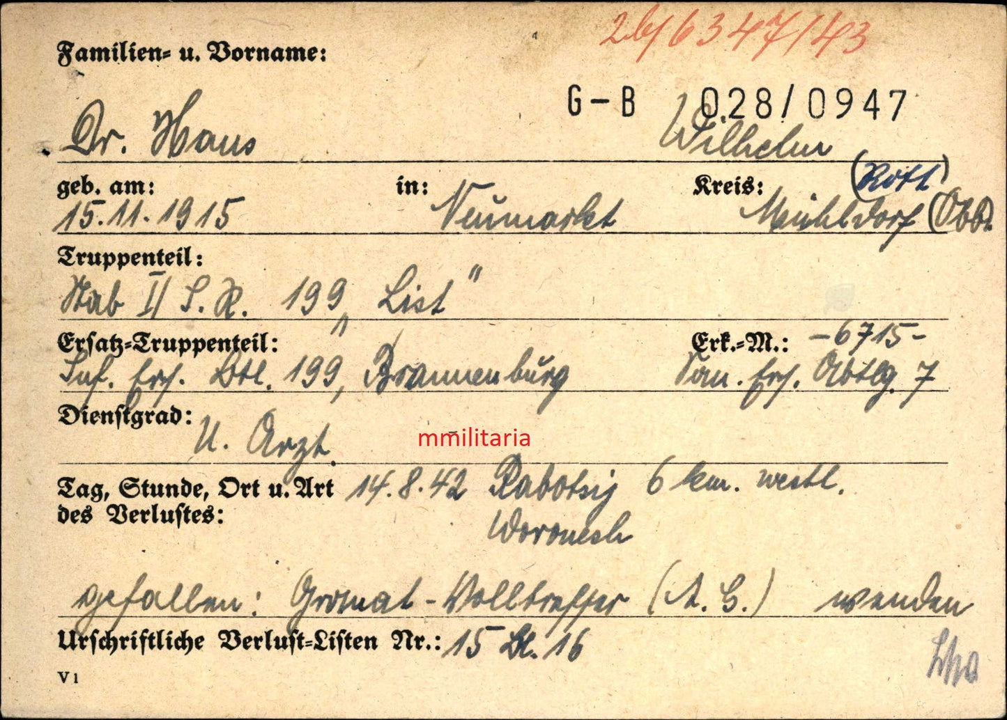 Sterbebild Unterarzt Neumarkt Stab Inf. Regt. 199 "List" Woronesch Russland