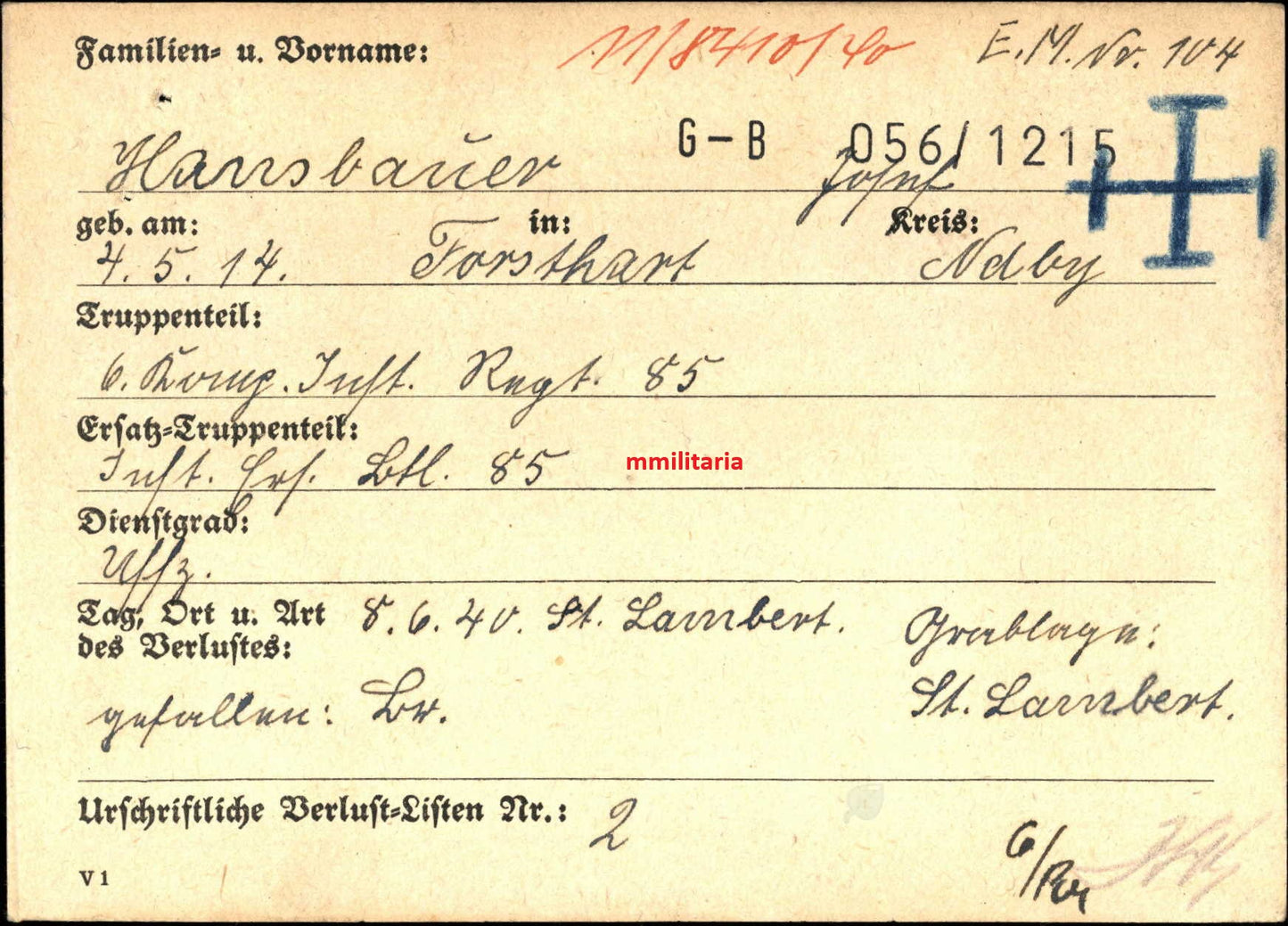 Sterbebild Unteroffizier Forsthart 6. Komp. Inf. Regt. 85 St. Lambert Aisne Frankreich - www.mmilitaria.com