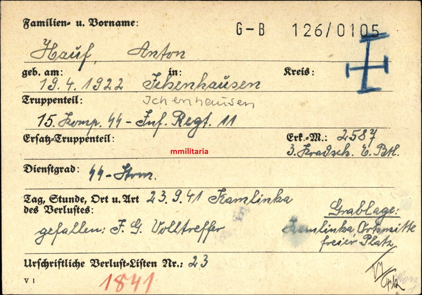 Sterbebild SS-Sturmmann Ichenhausen 15. Komp. SS-Inf. Regt. 11 Kamlinka Ukraine - www.mmilitaria.com