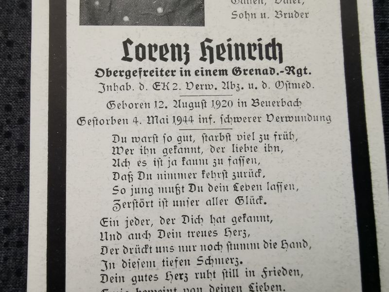 Sterbebild Obergefreiter Grenadier Regt. EK II VWA Engen-Hegau Deutschland