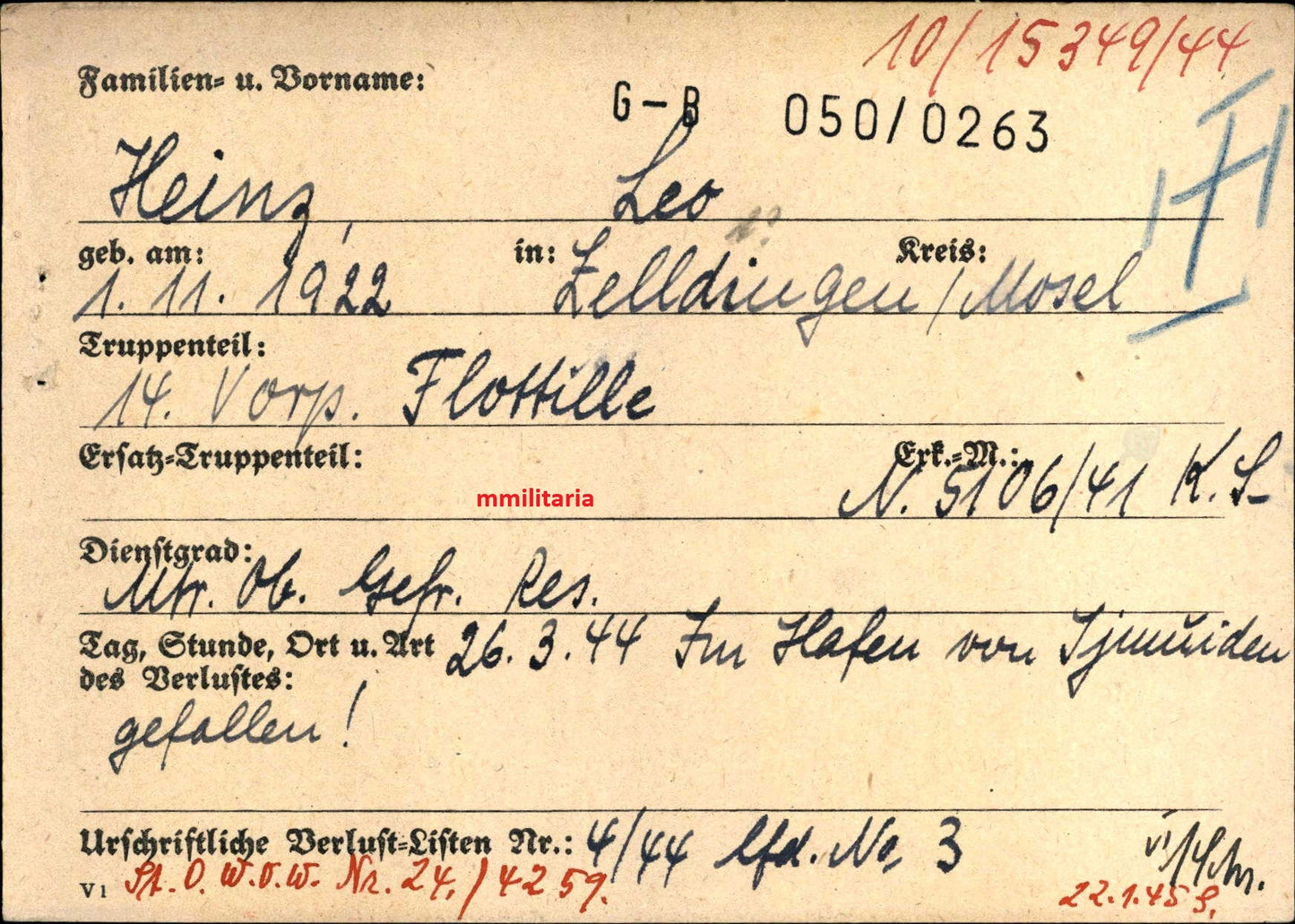 Sterbebild MtrOGfr. Zelldingen Kommando 14. Vorposten Flottille IJmuiden Velsen Holland - www.mmilitaria.com