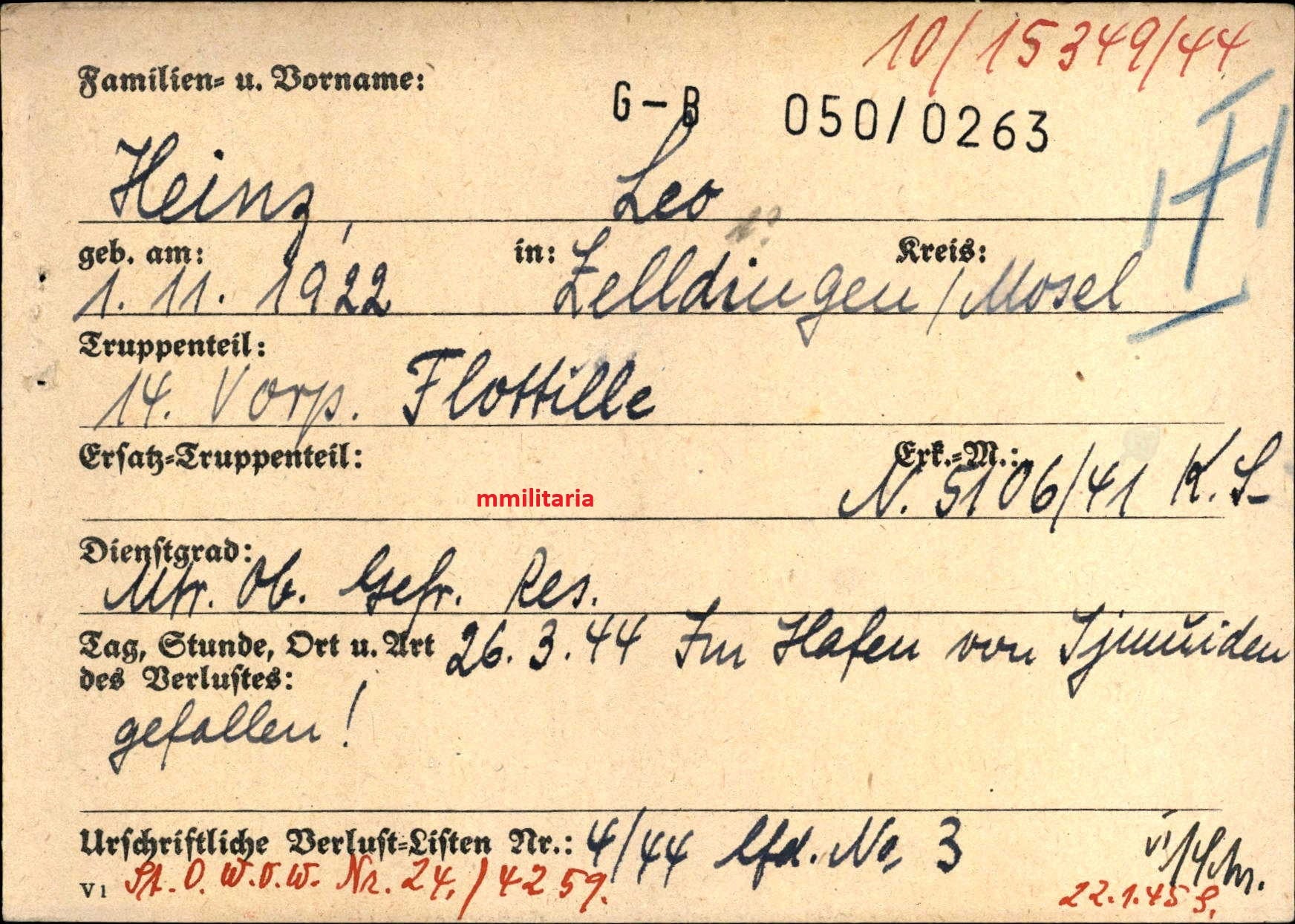 Sterbebild MtrOGfr. Zelldingen Kommando 14. Vorposten Flottille IJmuiden Velsen Holland - www.mmilitaria.com