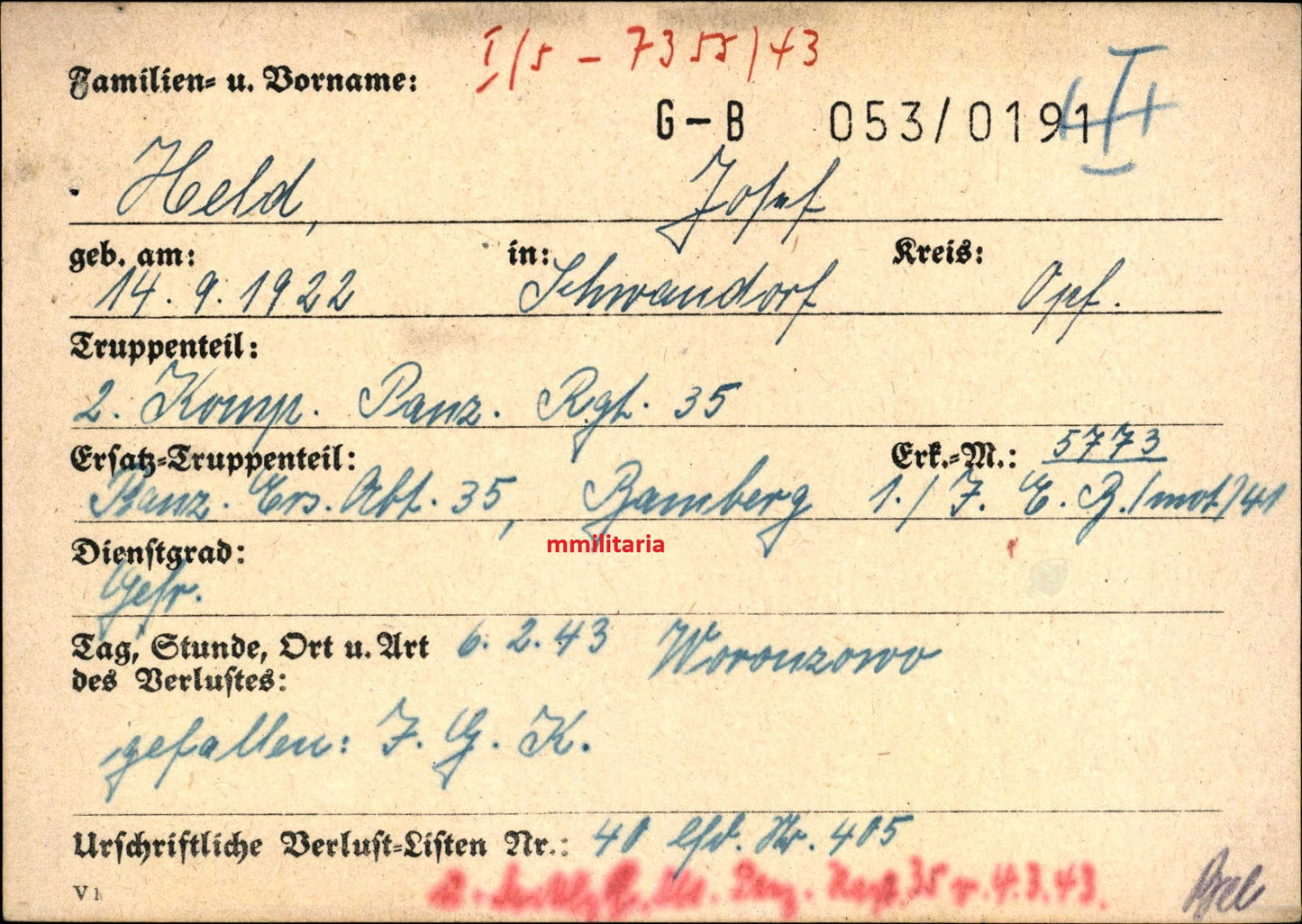 Sterbebild Gefreiter Schwandorf 2. Komp. Panzer Regt. 35 Woronzowo Russland - www.mmilitaria.com