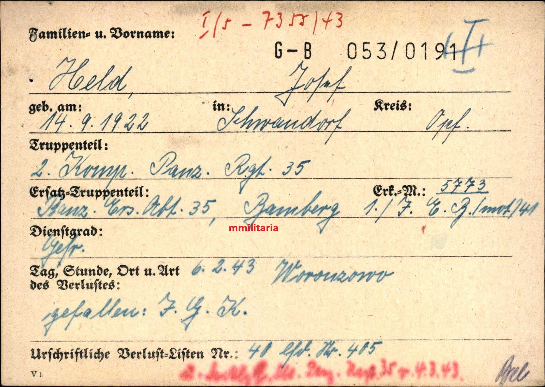 Sterbebild Gefreiter Schwandorf 2. Komp. Panzer Regt. 35 Woronzowo Russland - www.mmilitaria.com