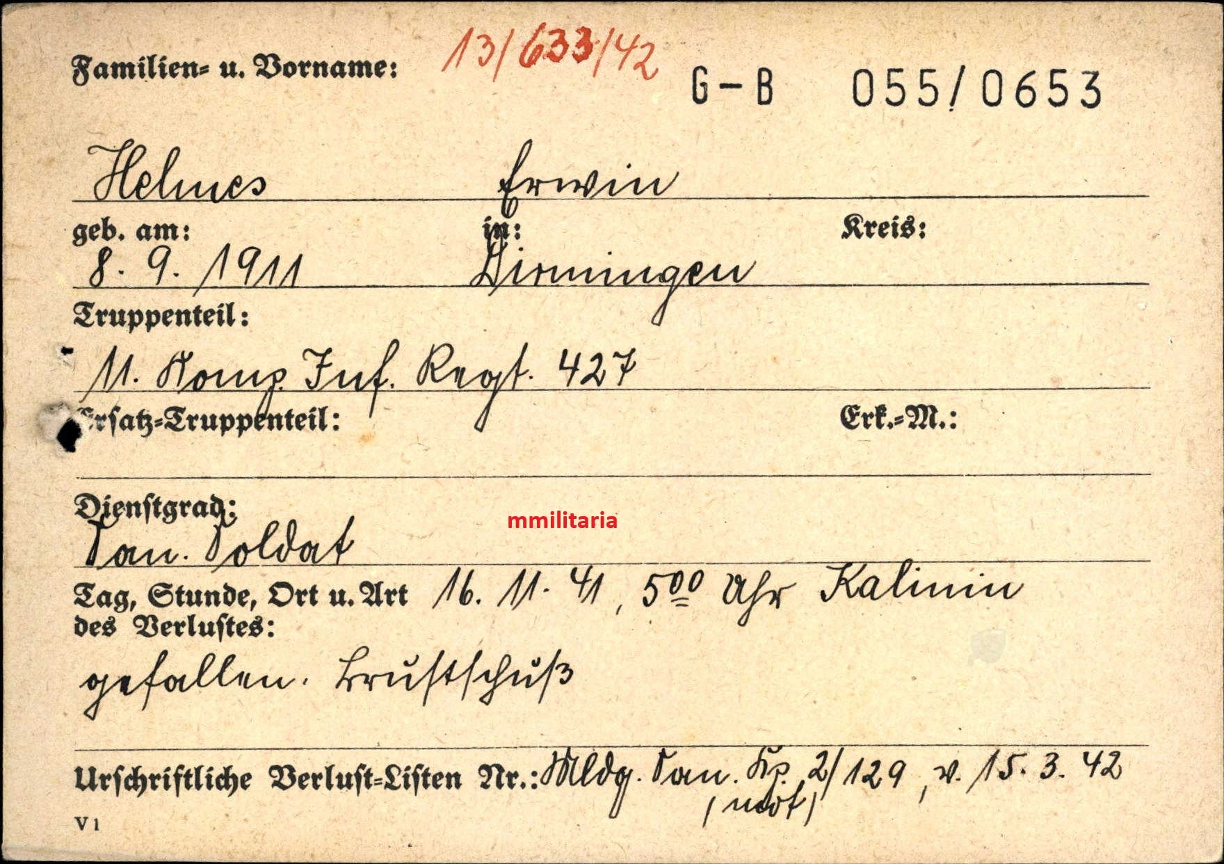Sterbebild Schütze Dirmingen 11. Komp. Inf. Regt. 427 Kalinin Russland - www.mmilitaria.com