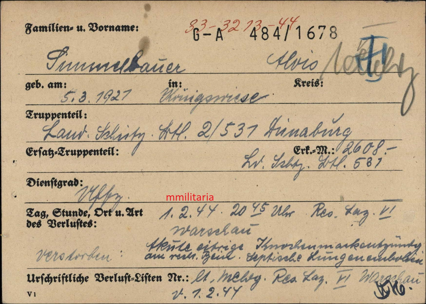 Sterbebild Unteroffizier Landesschützen Btl. 2/531 Dünaburg Warschau Polen