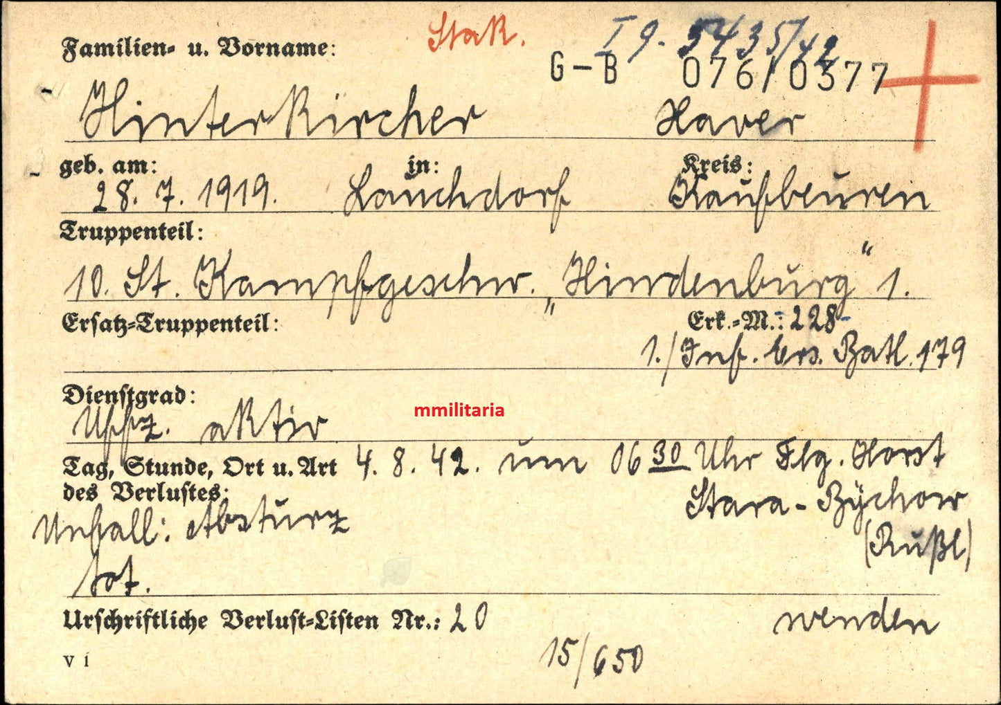 Sterbebild Unteroffizier Lauchdorf Beobachter 10./KG-1 "Hindenburg" Stara-Bychow Russland