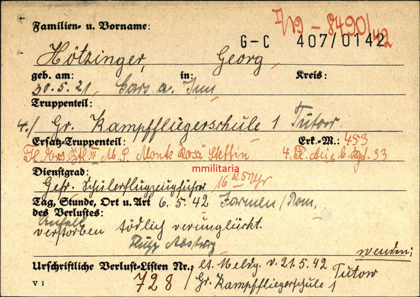 Sterbebild Gefreiter Flugzeugführer 4. Gruppe Kampffliegerschule 1 Tutow Jarmen Pommern