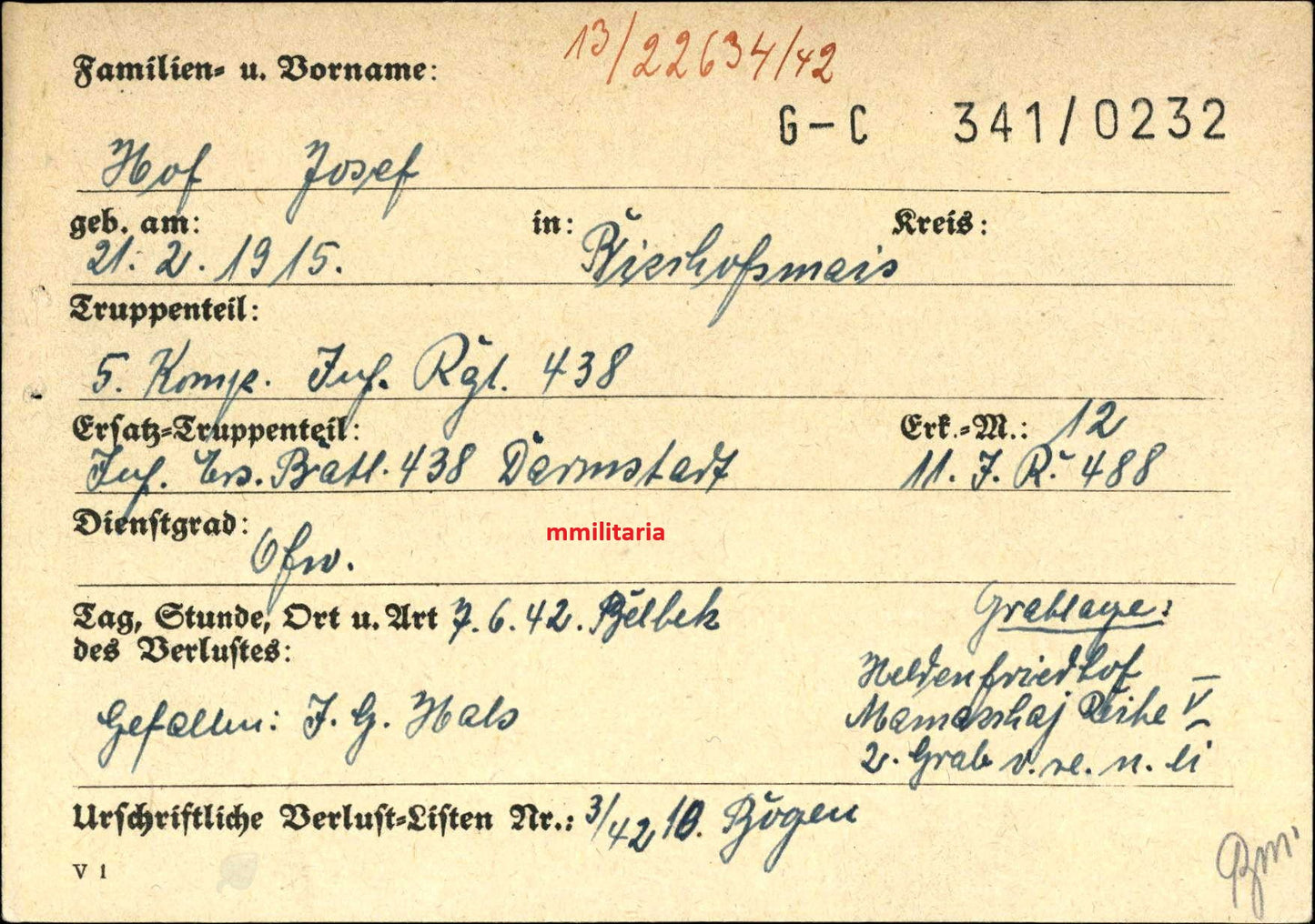 Sterbebild Oberfeldwebel Bischofsmais 5. Komp. Inf. Regt. 438 Belbeck Ukraine