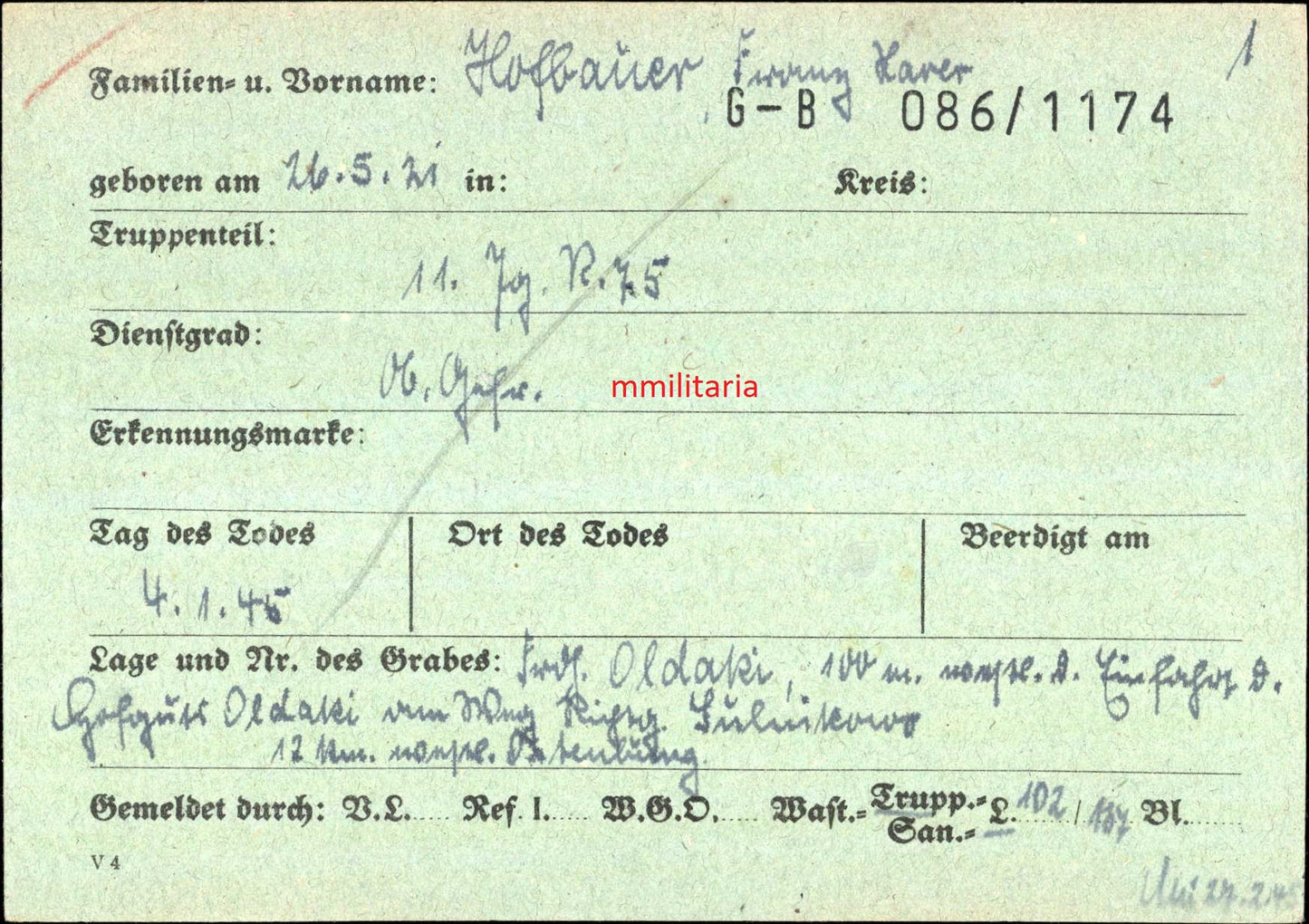 Sterbebild Obergefreiter 11. Jäger Regt. 75 Endkampf Olszak Narew Mlawka Polen