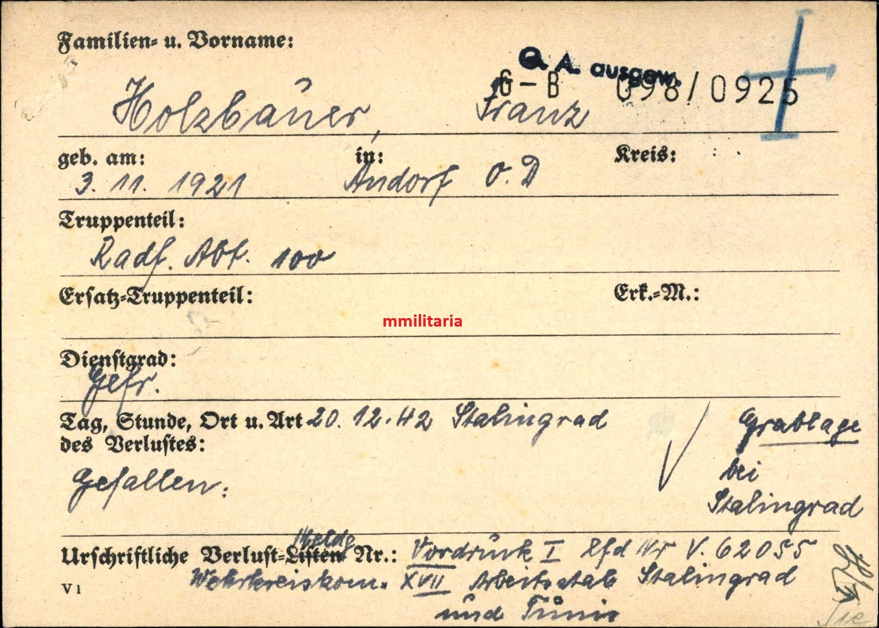 Sterbebild Gefreiter Andorf Radfahr-Abt. 100 Stalingrad Russland - www.mmilitaria.com
