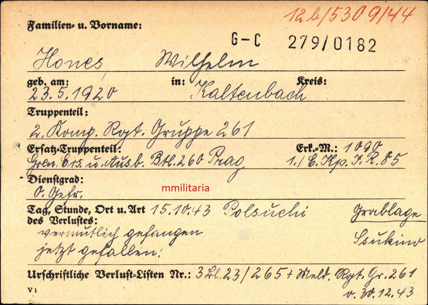 Sterbebild Obergefreiter Kaltenbach 2. Komp. Regt. Gruppe 261 Ponisowje Weissrussland