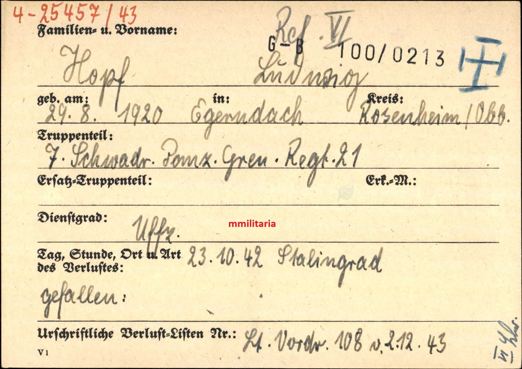 Sterbebild Unteroffizier Egerndach 7. Schwadron Panzer-Gren. Regt. 21 Stalingrad Russland - www.mmilitaria.com