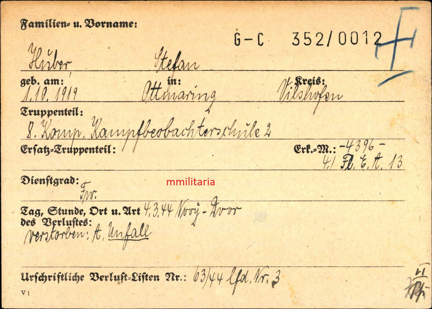 Sterbebild Feldwebel Ottmaring 8. Komp. Kampfbeobachterschule 2 FFS Novy Dvor Malacky Slowakei