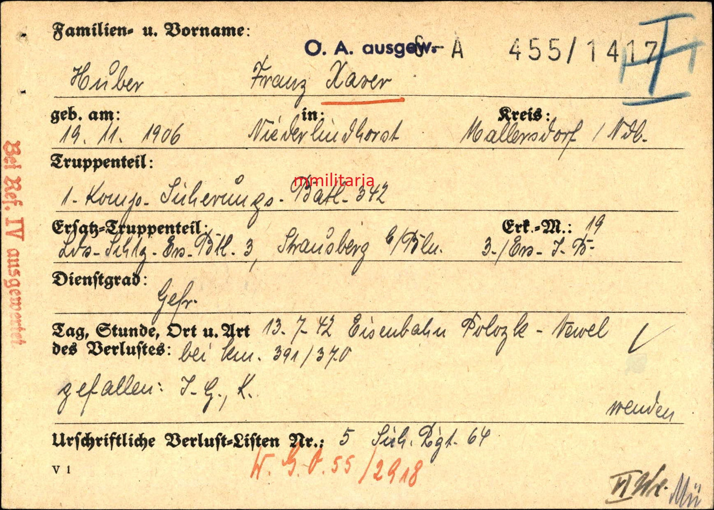 Sterbebild Gefreiter Niederlindhorst 1. Komp. Landeschützen Btl. 342 Eisenbahn Polozk Newel Russland