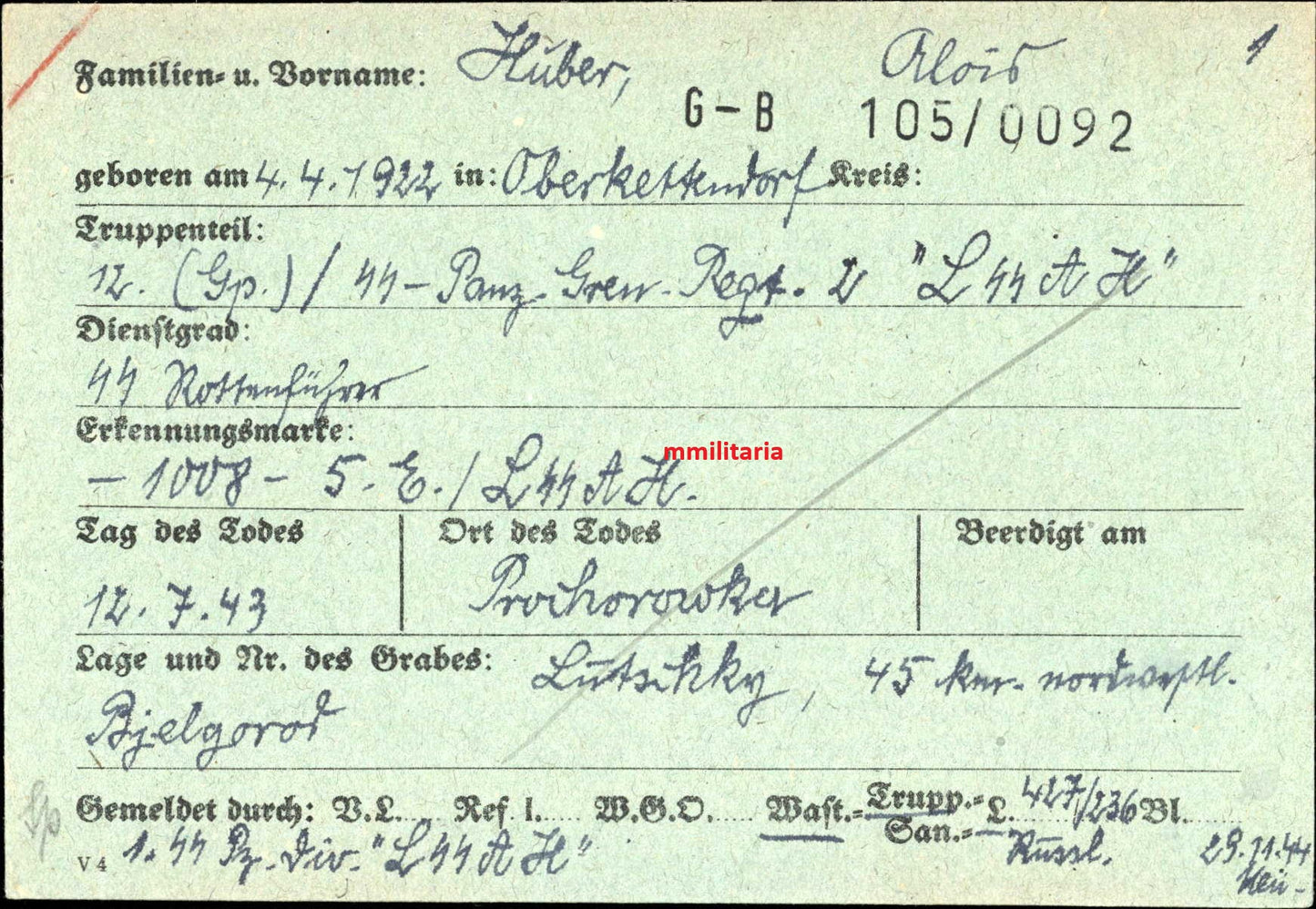 Sterbebild SS-Rottenführer Oberkettendorf 12. Komp. SS-Panzer Gren -Regt. 2 "LAH" Prochorowka Russland - www.mmilitaria.com