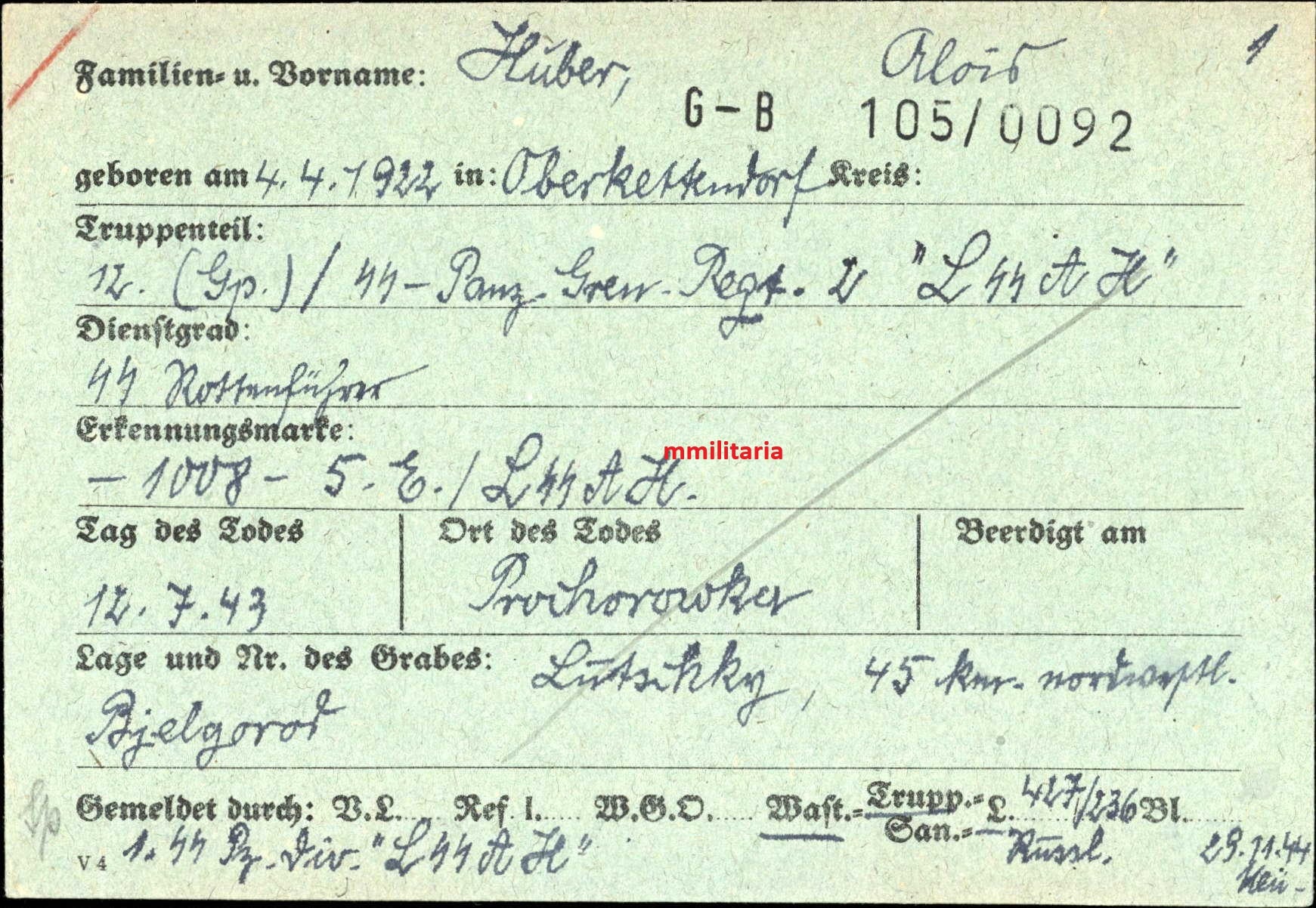 Sterbebild SS-Rottenführer Oberkettendorf 12. Komp. SS-Panzer Gren -Regt. 2 "LAH" Prochorowka Russland - www.mmilitaria.com