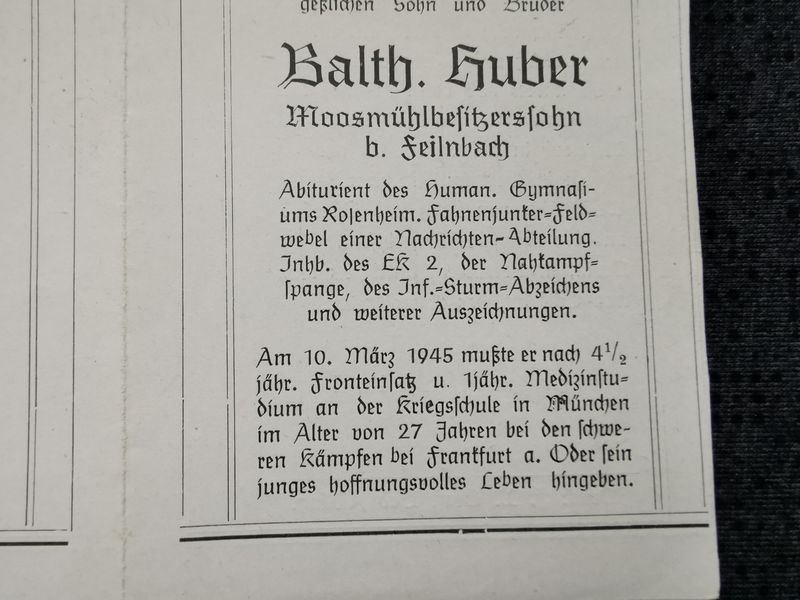 Sterbebild Fahnenjunker Feldwebel Nachrichten Abt. EK II NKS ISA Endkampf Seelower Höhen Lebus Frankfurt an der Oder