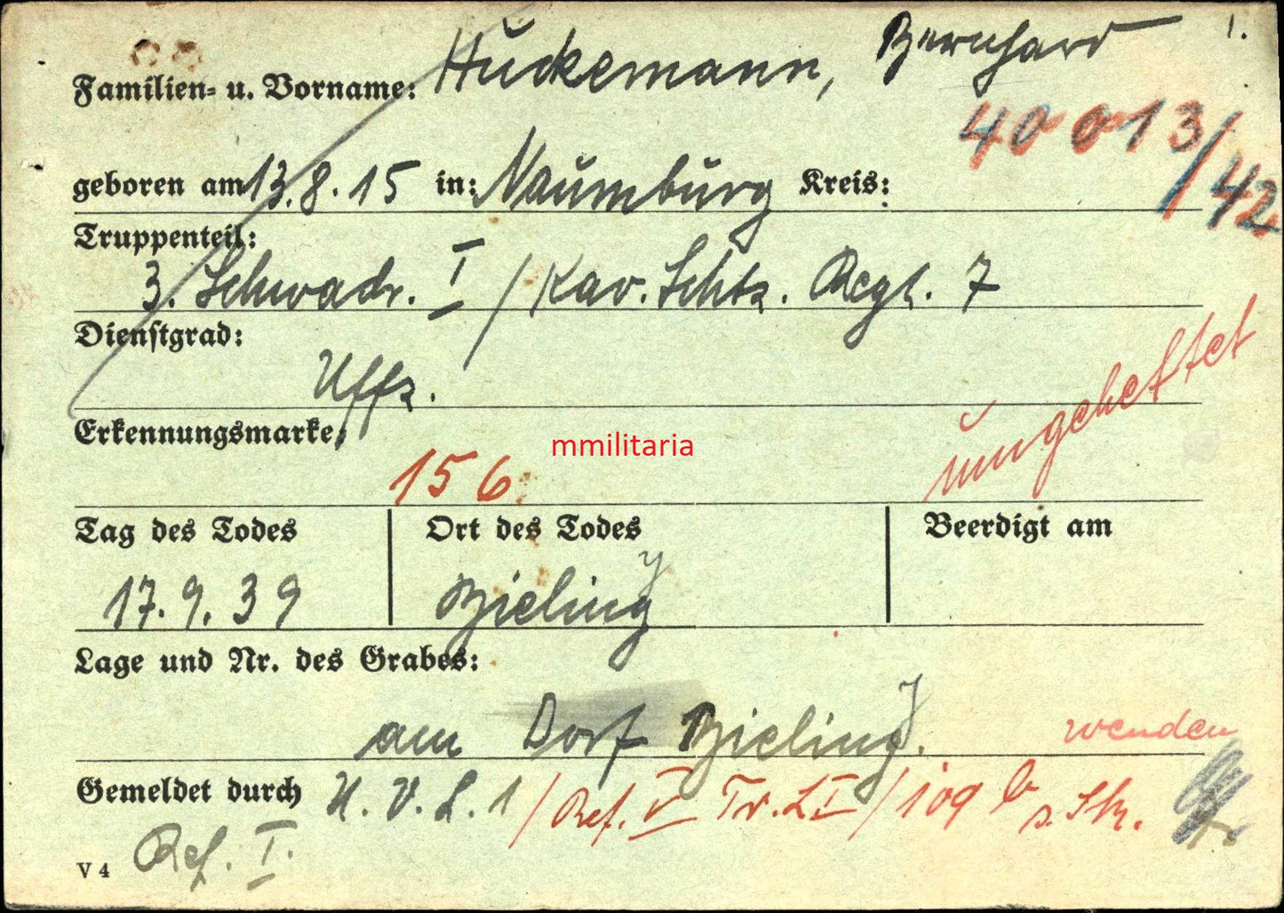 Sterbebild Unteroffizier Naumburg (Saale) 3. Kavallerie-Schützen Regt. 7 Sudetenland Waldgefecht Bieliny Modlin Polen 1939