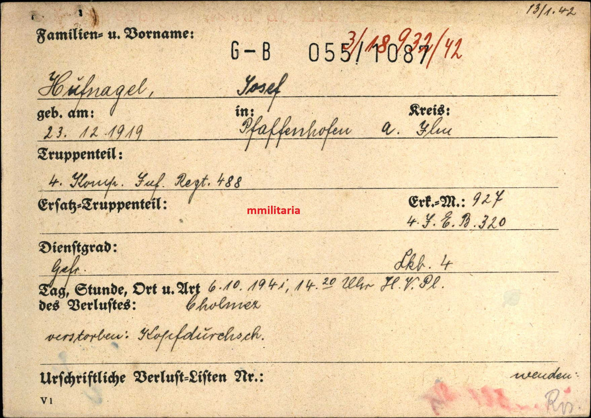 Sterbebild Gefreiter Priester Pfaffenhofen 4. Komp. Inf. Regt. 488 Wjasma Russland