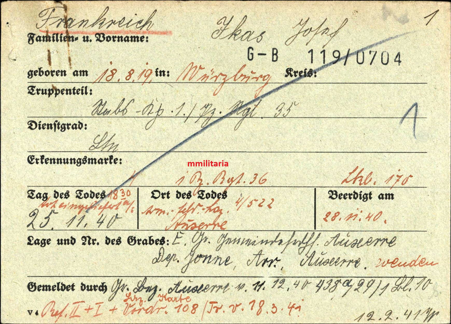 Sterbebild Leutnant Würzburg Stab 1. Panzer Regt. 35 Auxerre Frankreich