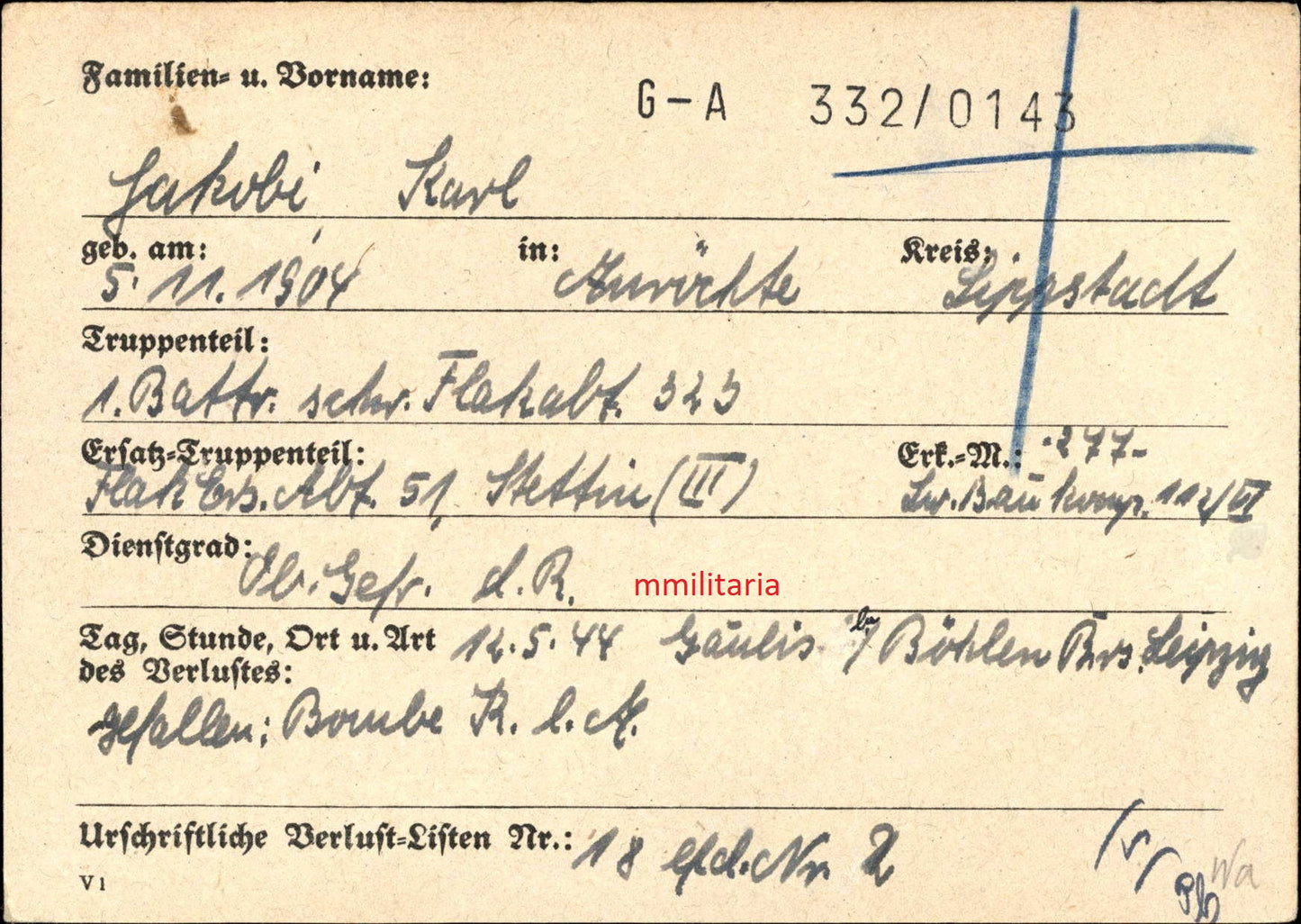 Sterbebild Obergefreiter 1. Batterie schwere Flak-Abt. 323 Bombenangriff Leipzig